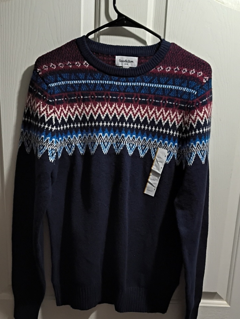 Goodfellow & Co Navy Crewneck Sweater with Burgundy & Blue Fair Isle Yoke
